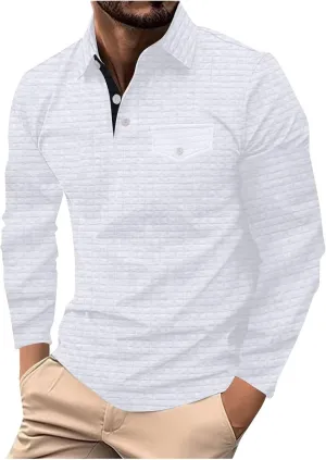 DEEX S White Waffle Men's Polo Shirts Long Sleeve 2024 Casual Polo T-Shirts Color Block Slim Fit Golf Polo Shirt with Pocket