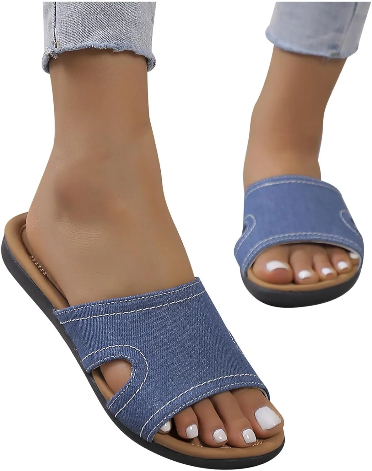 Denim Flat Sandals for Women Dressy Plus Size Breathable Indoor Outdoor Slippers Orthopedic Shoes 2025 Summer Slip on Shoe Footwear