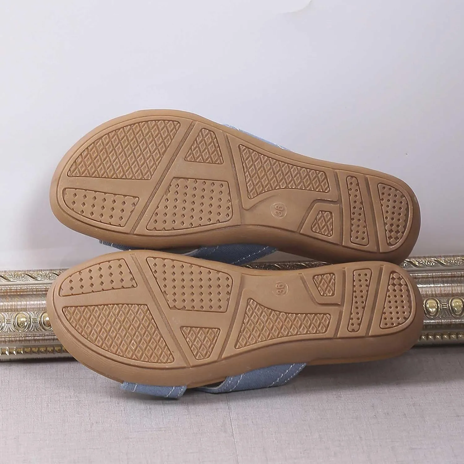 Denim Flat Sandals for Women Dressy Plus Size Breathable Indoor Outdoor Slippers Orthopedic Shoes 2025 Summer Slip on Shoe Footwear