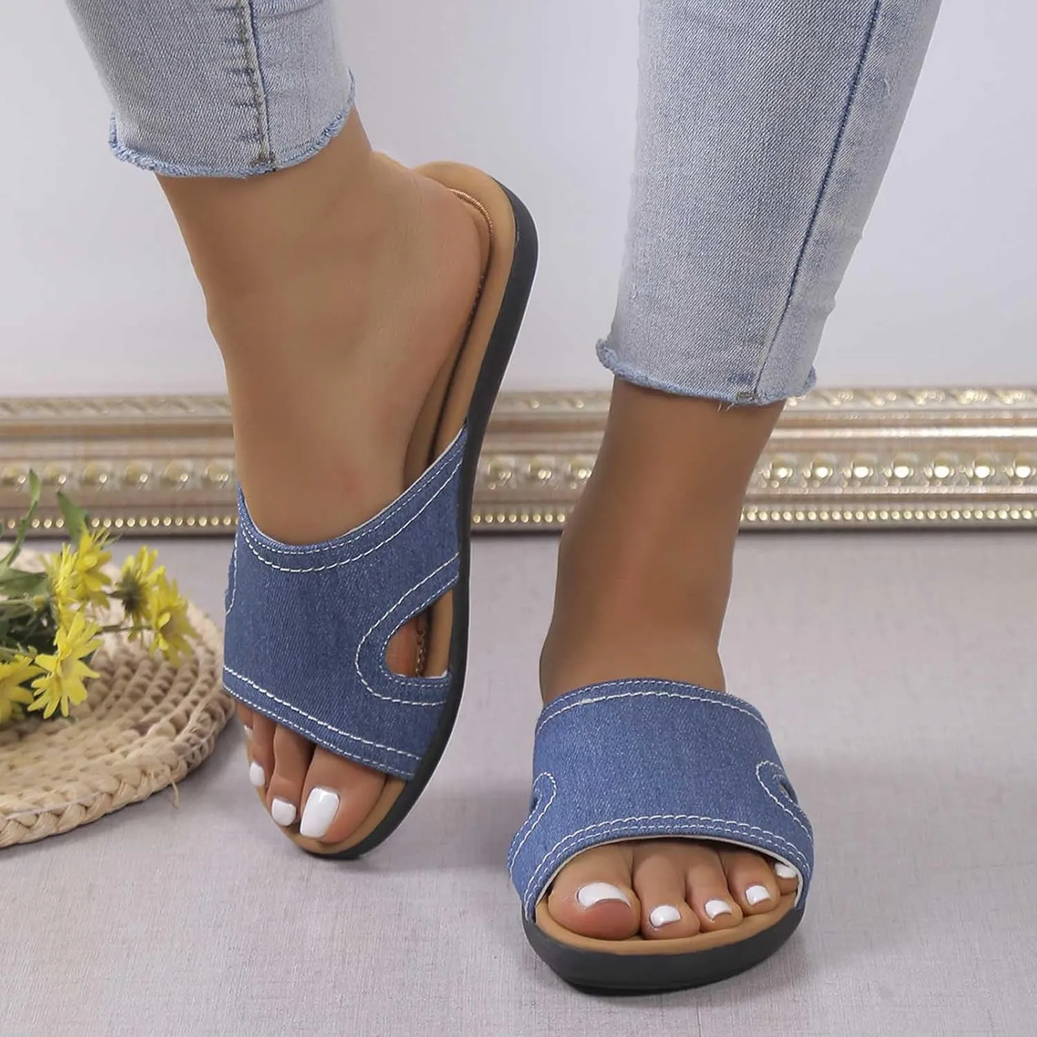 Denim Flat Sandals for Women Dressy Plus Size Breathable Indoor Outdoor Slippers Orthopedic Shoes 2025 Summer Slip on Shoe Footwear