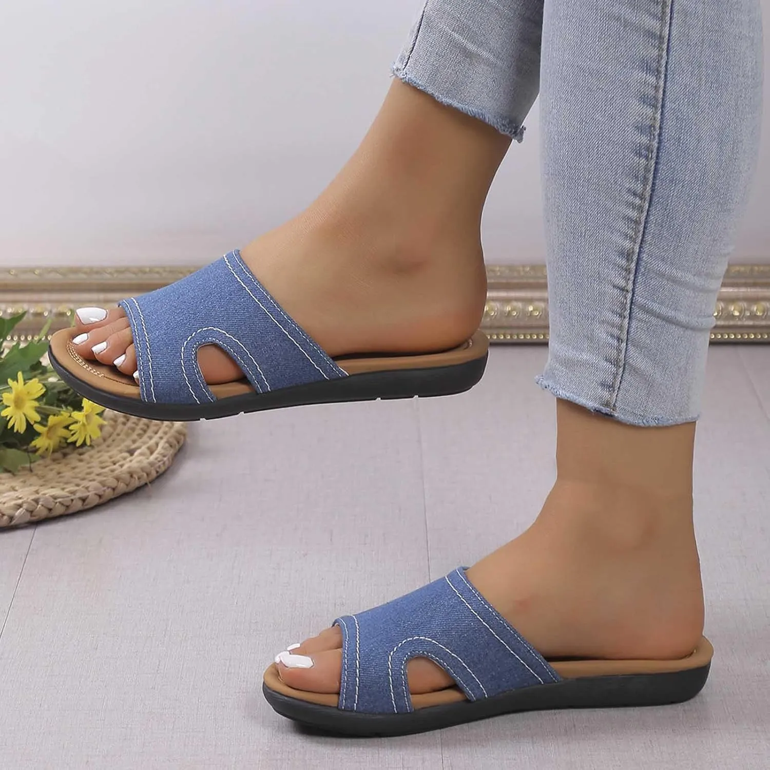 Denim Flat Sandals for Women Dressy Plus Size Breathable Indoor Outdoor Slippers Orthopedic Shoes 2025 Summer Slip on Shoe Footwear