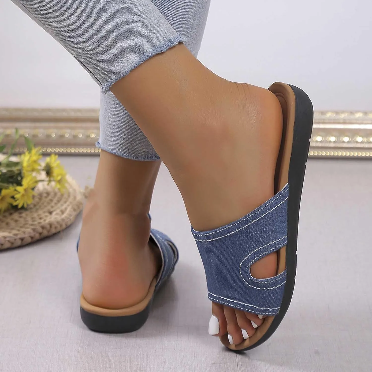 Denim Flat Sandals for Women Dressy Plus Size Breathable Indoor Outdoor Slippers Orthopedic Shoes 2025 Summer Slip on Shoe Footwear