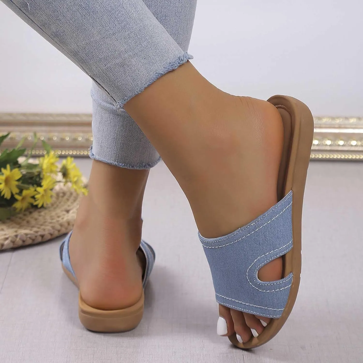 Denim Flat Sandals for Women Dressy Plus Size Breathable Indoor Outdoor Slippers Orthopedic Shoes 2025 Summer Slip on Shoe Footwear