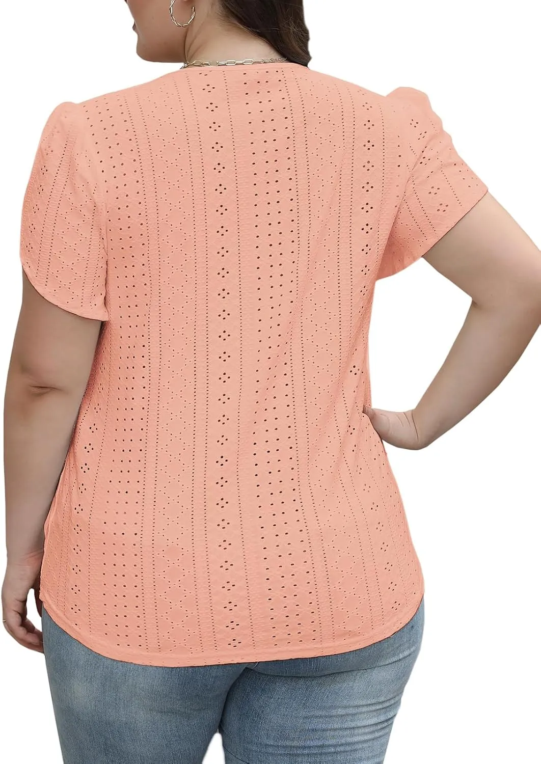 DOLNINE Women Plus Size Tops Summer Petal Short Sleeve Shirts Lace Trim V Neck Tunics Tee