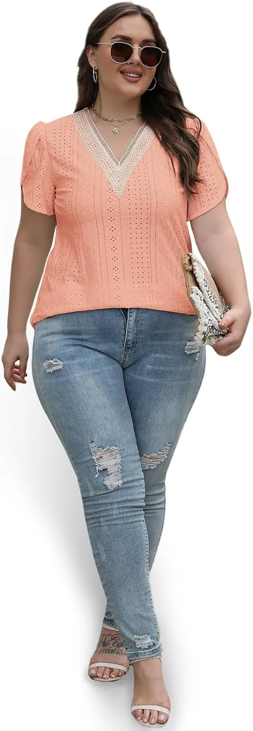 DOLNINE Women Plus Size Tops Summer Petal Short Sleeve Shirts Lace Trim V Neck Tunics Tee