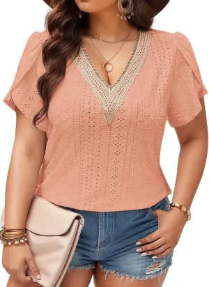 DOLNINE Women Plus Size Tops Summer Petal Short Sleeve Shirts Lace Trim V Neck Tunics Tee