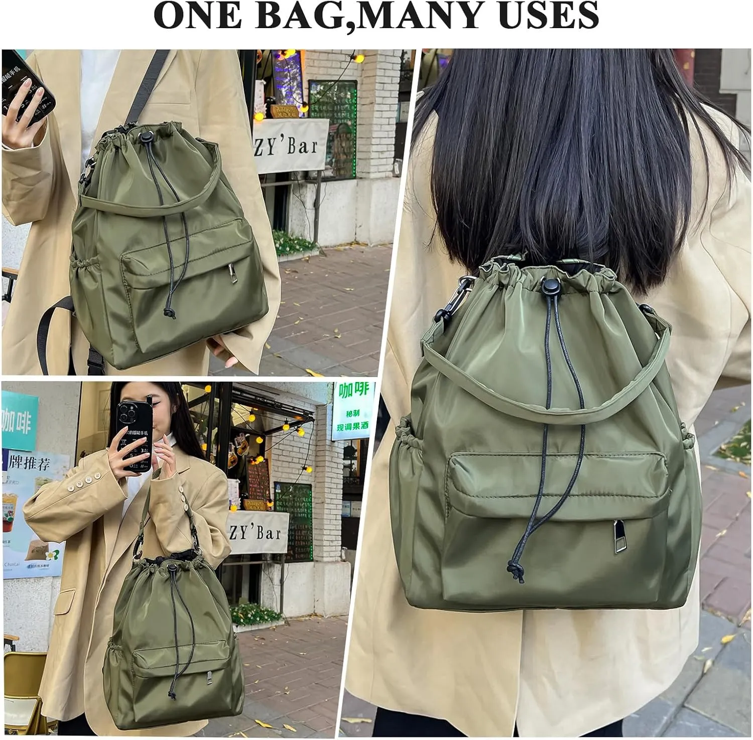 Drawstring Backpack, Small Nylon Drawstring Bucket Bag Purse, Army Green, One Size