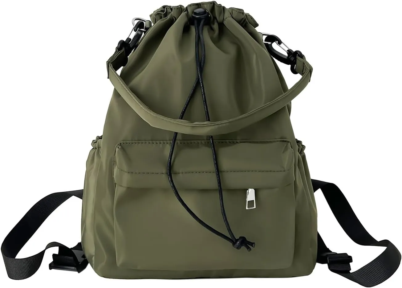 Drawstring Backpack, Small Nylon Drawstring Bucket Bag Purse, Army Green, One Size