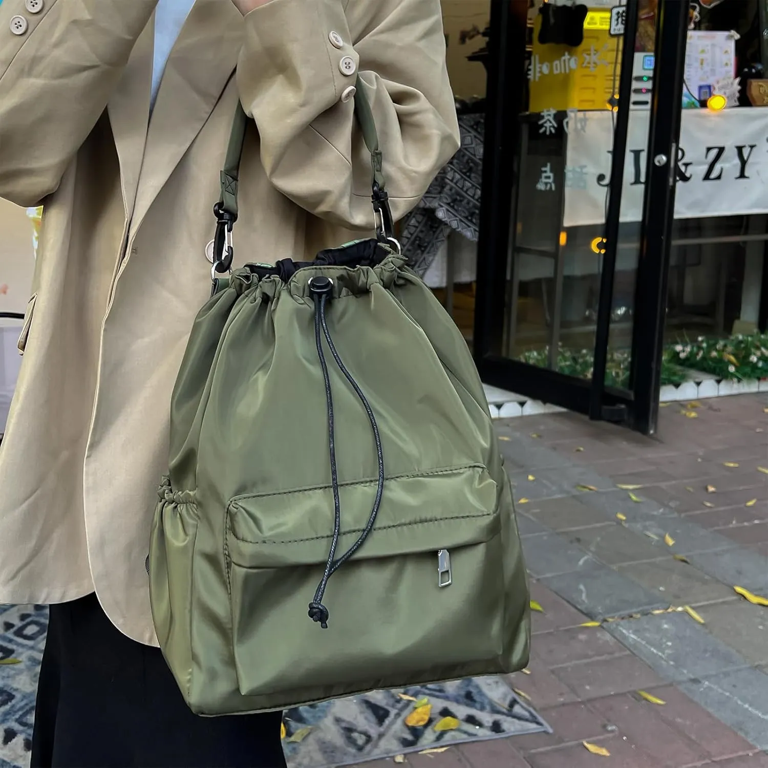 Drawstring Backpack, Small Nylon Drawstring Bucket Bag Purse, Army Green, One Size