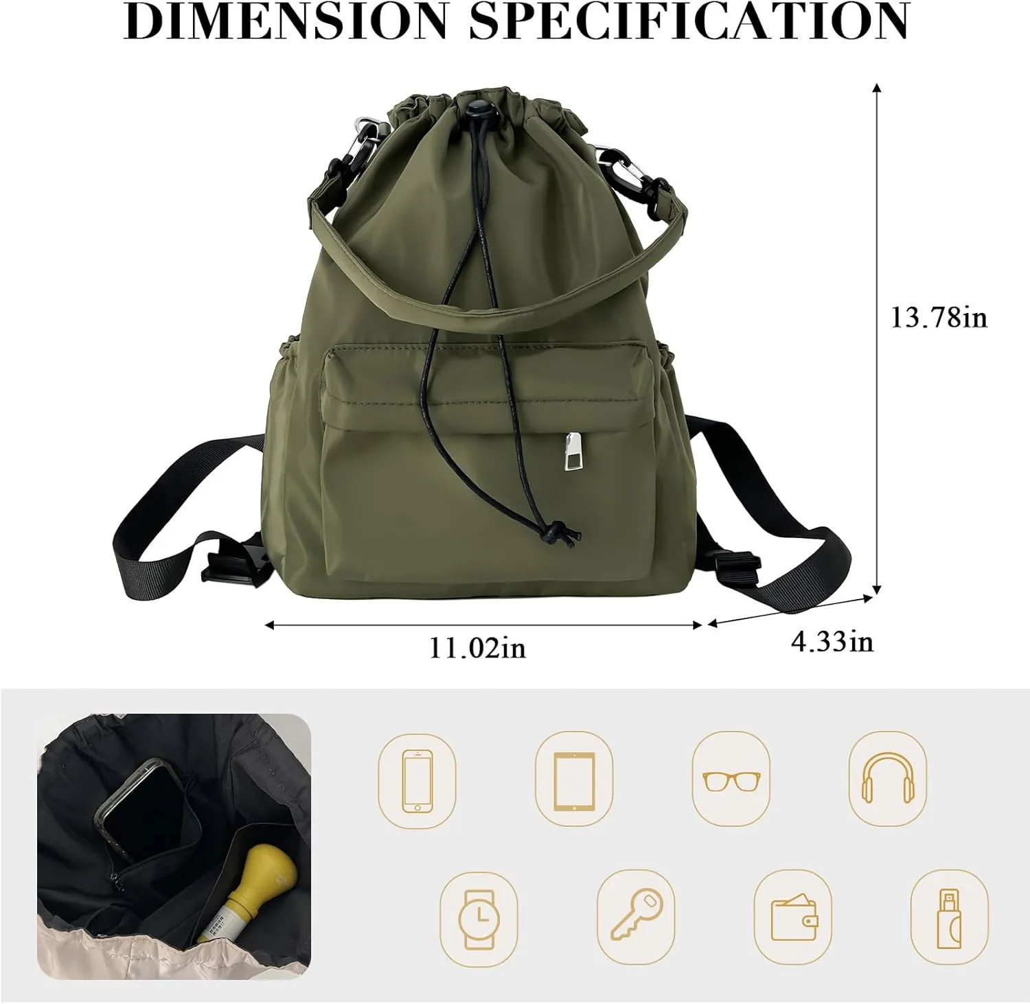 Drawstring Backpack, Small Nylon Drawstring Bucket Bag Purse, Army Green, One Size