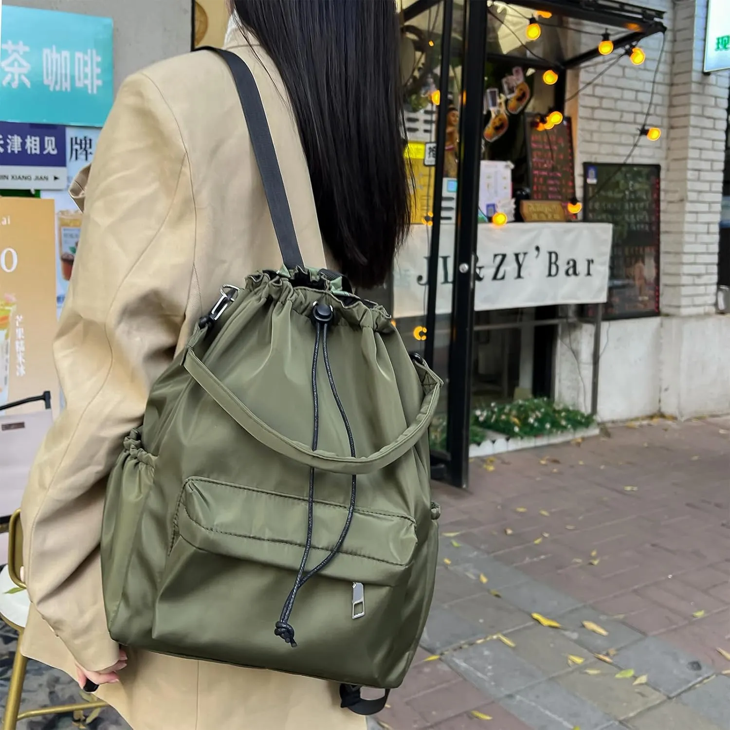 Drawstring Backpack, Small Nylon Drawstring Bucket Bag Purse, Army Green, One Size