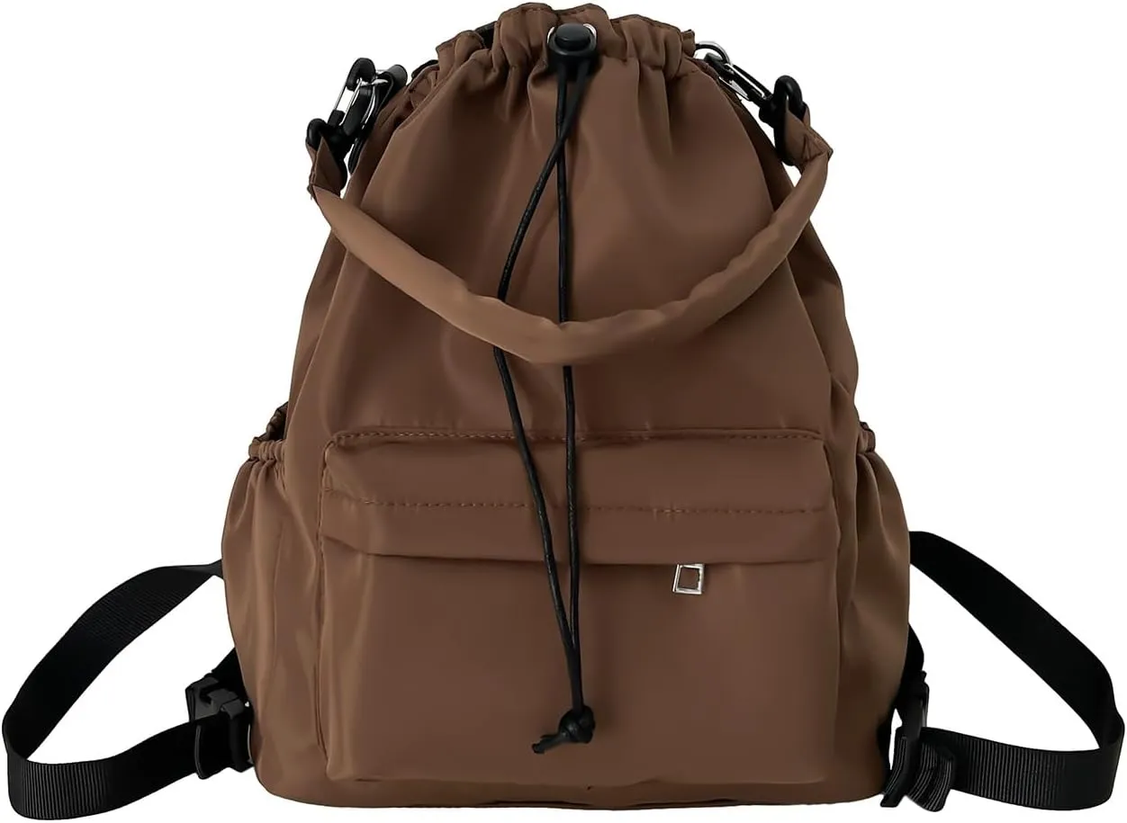 Drawstring Backpack, Small Nylon Drawstring Bucket Bag Purse, Coffee, One Size