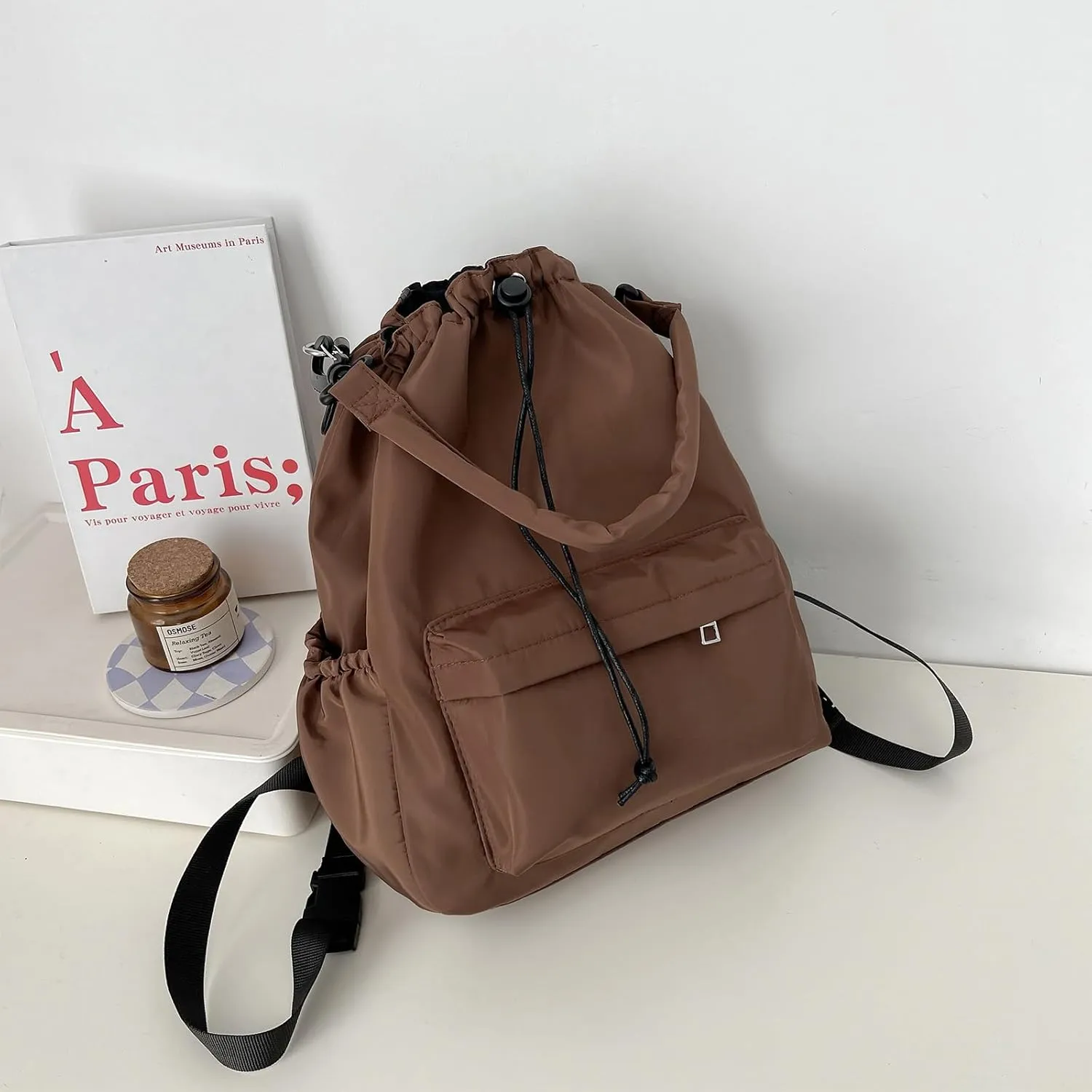 Drawstring Backpack, Small Nylon Drawstring Bucket Bag Purse, Coffee, One Size