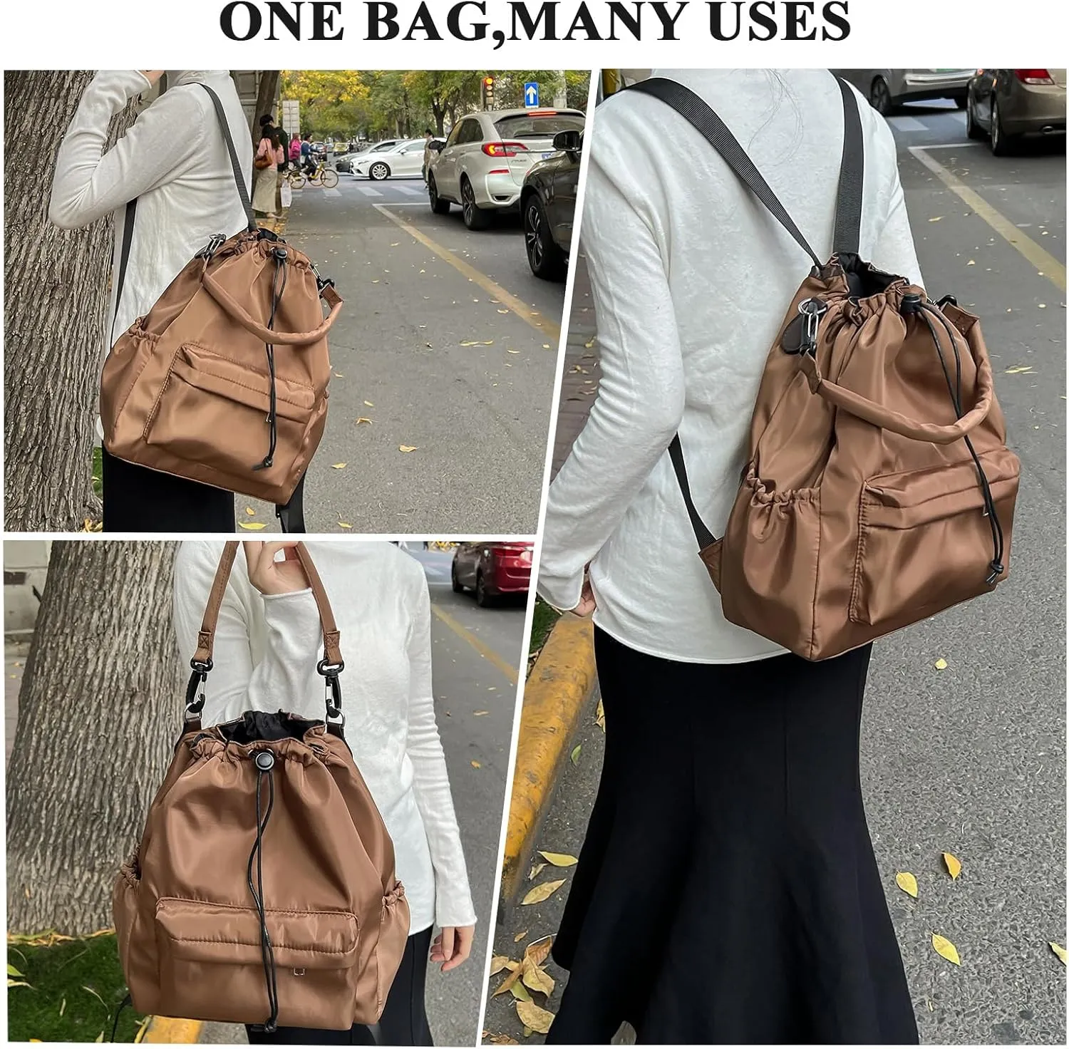 Drawstring Backpack, Small Nylon Drawstring Bucket Bag Purse, Coffee, One Size