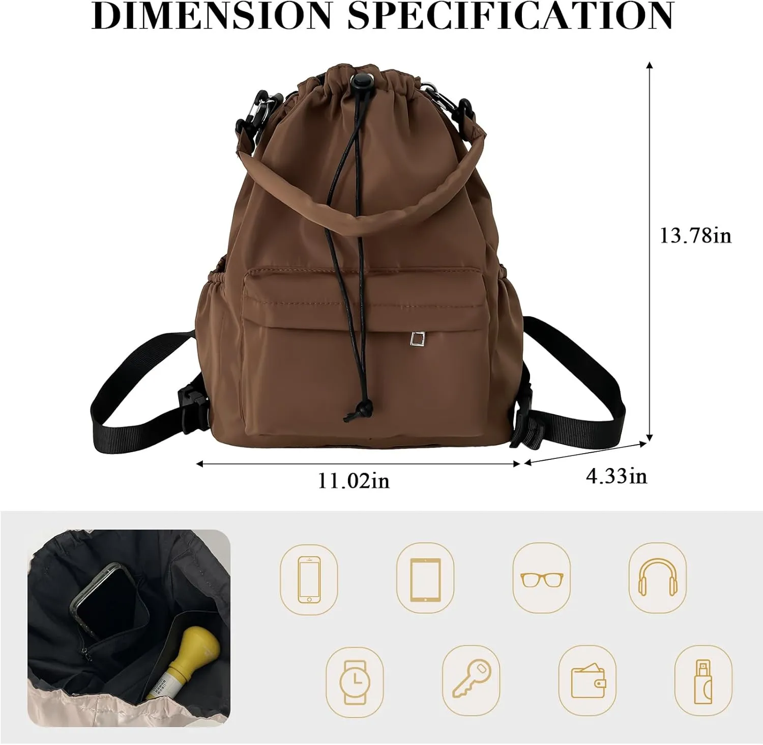 Drawstring Backpack, Small Nylon Drawstring Bucket Bag Purse, Coffee, One Size