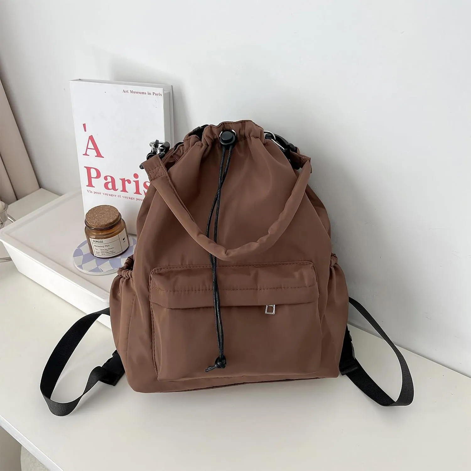 Drawstring Backpack, Small Nylon Drawstring Bucket Bag Purse, Coffee, One Size