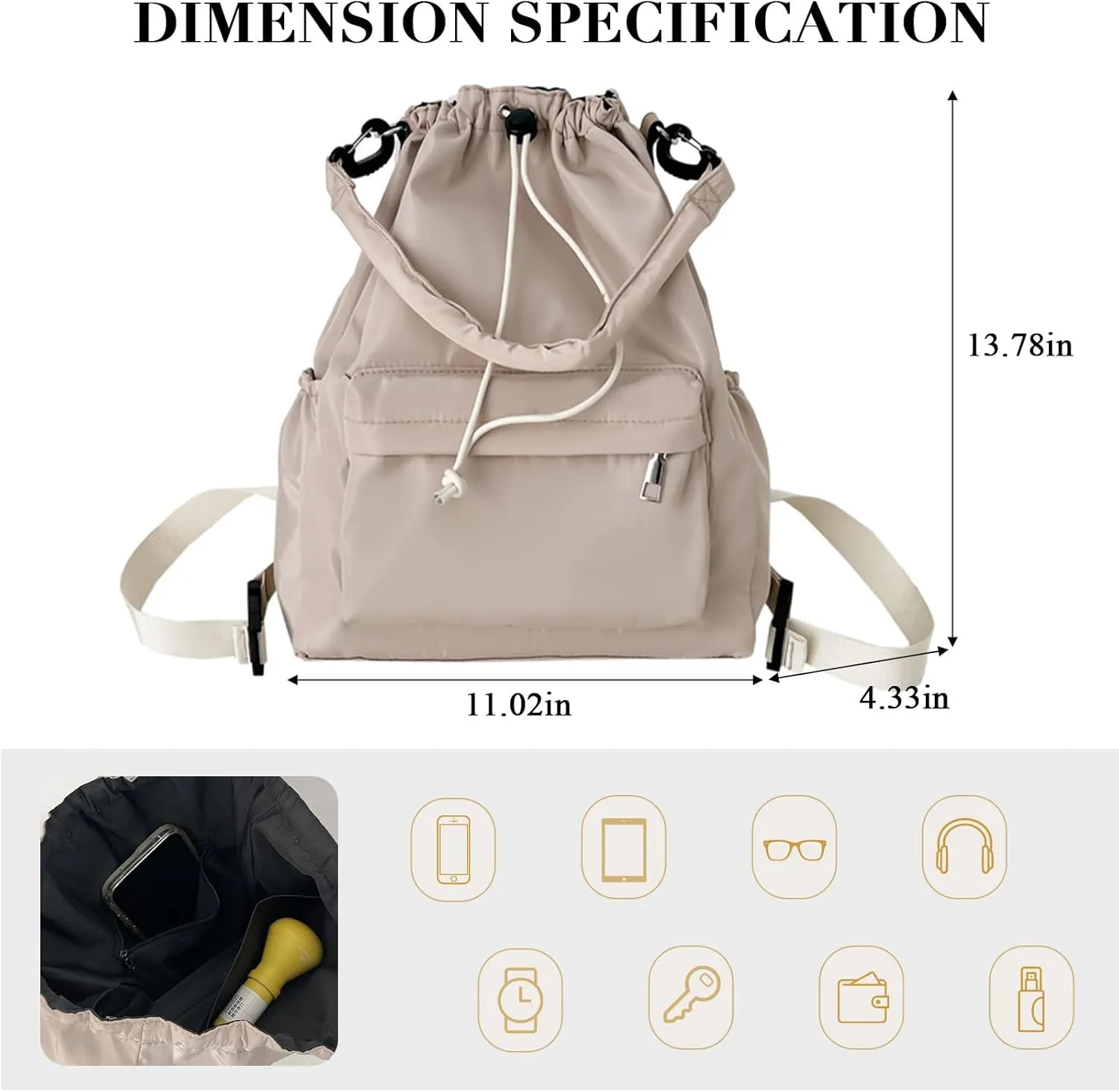 Drawstring Backpack, Small Nylon Drawstring Bucket Bag Purse, Khaki, One Size