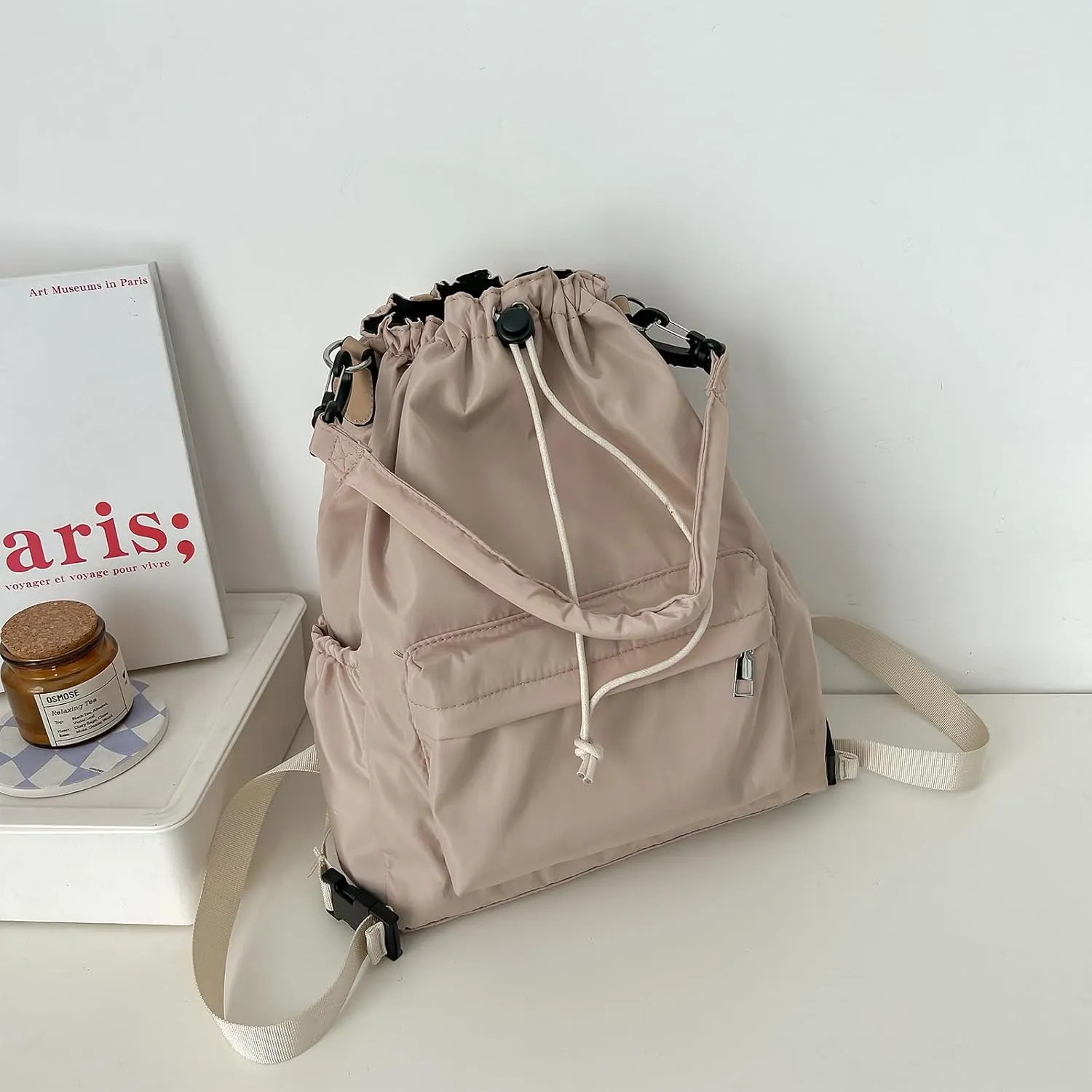 Drawstring Backpack, Small Nylon Drawstring Bucket Bag Purse, Khaki, One Size