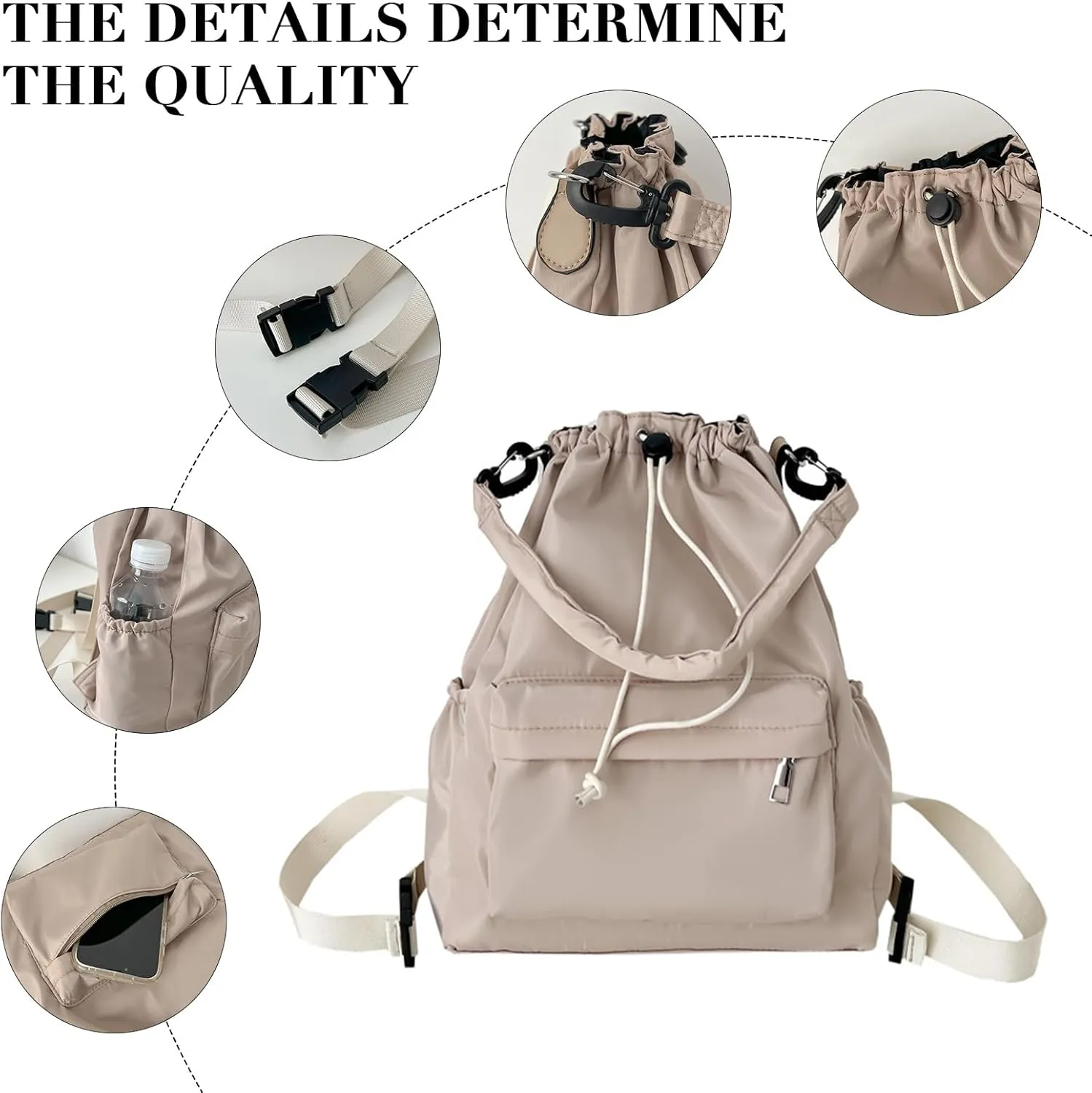 Drawstring Backpack, Small Nylon Drawstring Bucket Bag Purse, Khaki, One Size