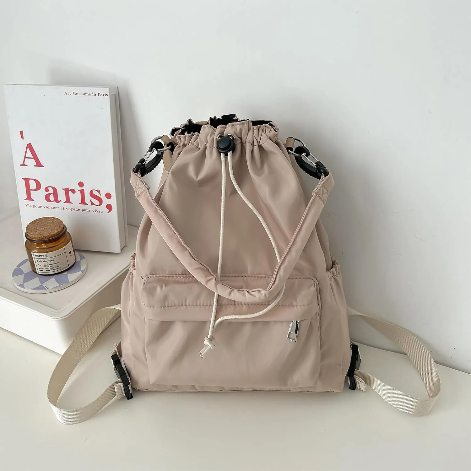 Drawstring Backpack, Small Nylon Drawstring Bucket Bag Purse, Khaki, One Size