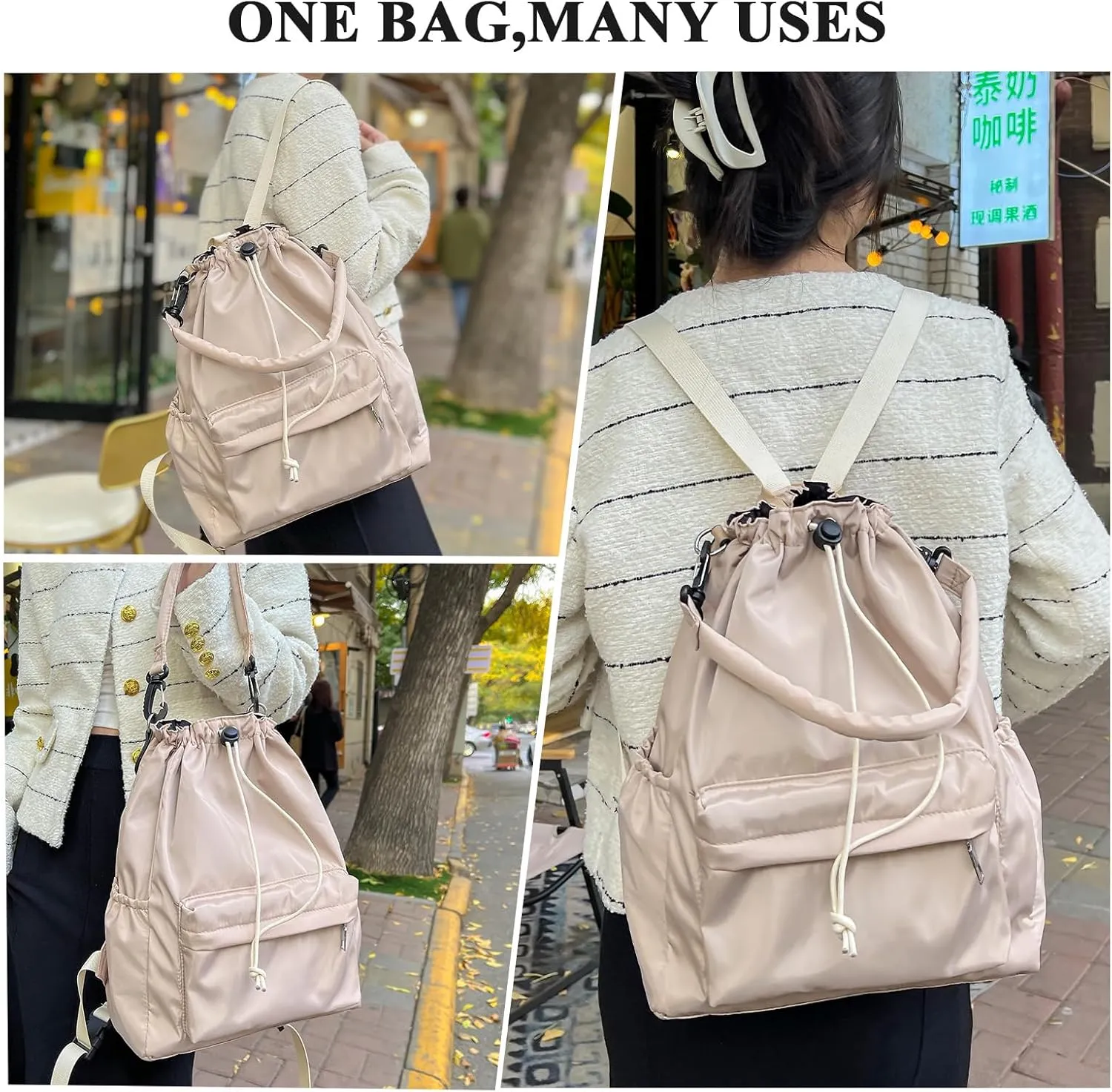 Drawstring Backpack, Small Nylon Drawstring Bucket Bag Purse, Khaki, One Size