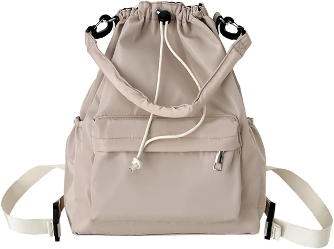 Drawstring Backpack, Small Nylon Drawstring Bucket Bag Purse, Khaki, One Size