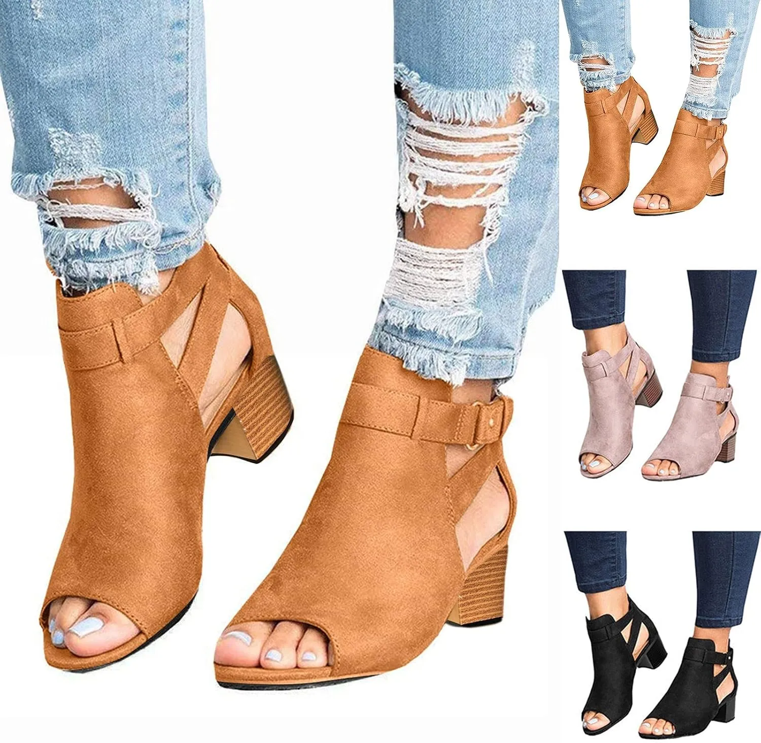 Dress Sandals for Women, Sandals for Women Suede Peep Toe Ankle Booties Cut Out Stacked Heel Ankle Boots