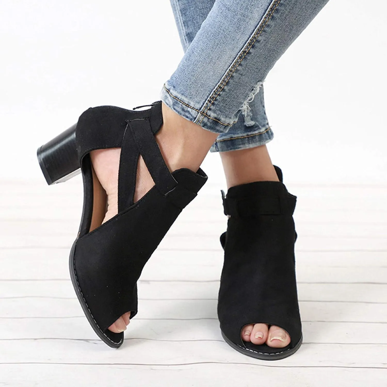 Dress Sandals for Women, Sandals for Women Suede Peep Toe Ankle Booties Cut Out Stacked Heel Ankle Boots