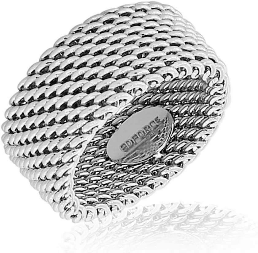 Edforce Stainless Steel Silver-Tone Mesh Design Wide Ring Band