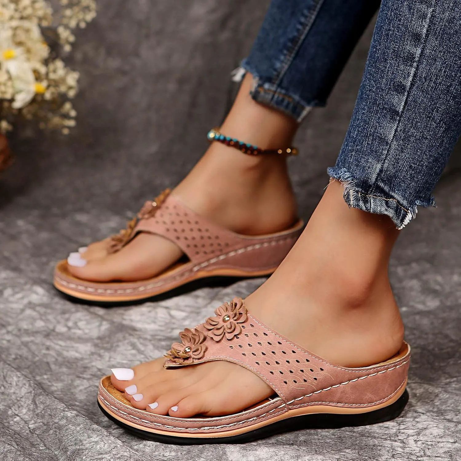 Eduavar Orthopedic Sandals for Women Arch Support Sandals Flip Flops Comfy Wedge Walking Slippers Anti-Slip Breathable Sandal