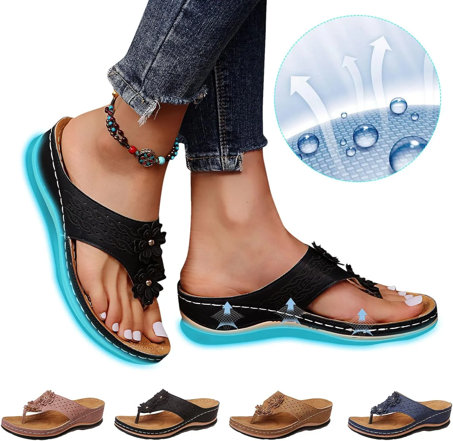 Eduavar Orthopedic Sandals for Women Arch Support Sandals Flip Flops Comfy Wedge Walking Slippers Anti-Slip Breathable Sandal
