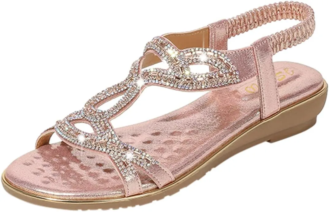 Eduavar Orthopedic Sandals for Women, Womens Sandals Comfortable Bohemia Crystal Open Toe Low Wedge Sandals Breathable Sandal