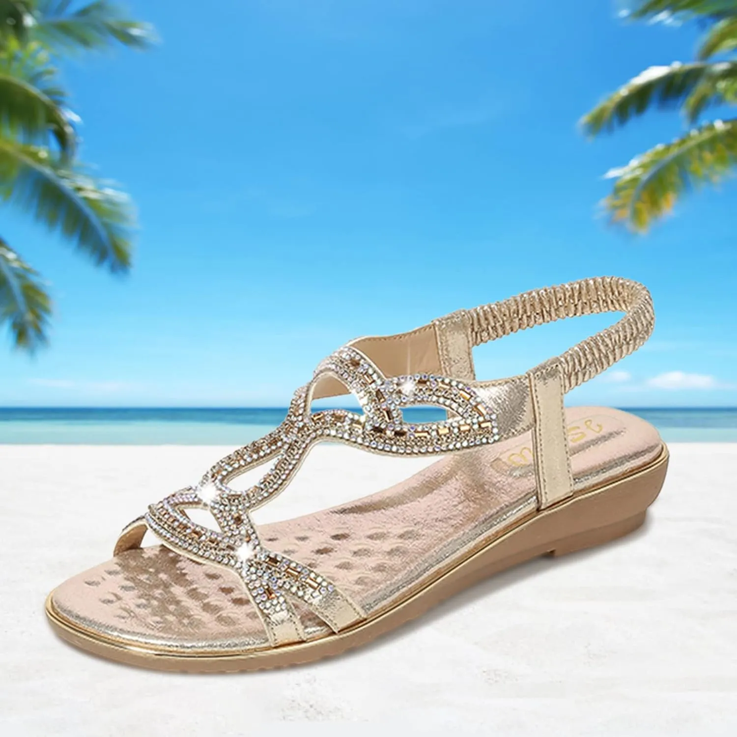 Eduavar Orthopedic Sandals for Women, Womens Sandals Comfortable Bohemia Crystal Open Toe Low Wedge Sandals Breathable Sandal