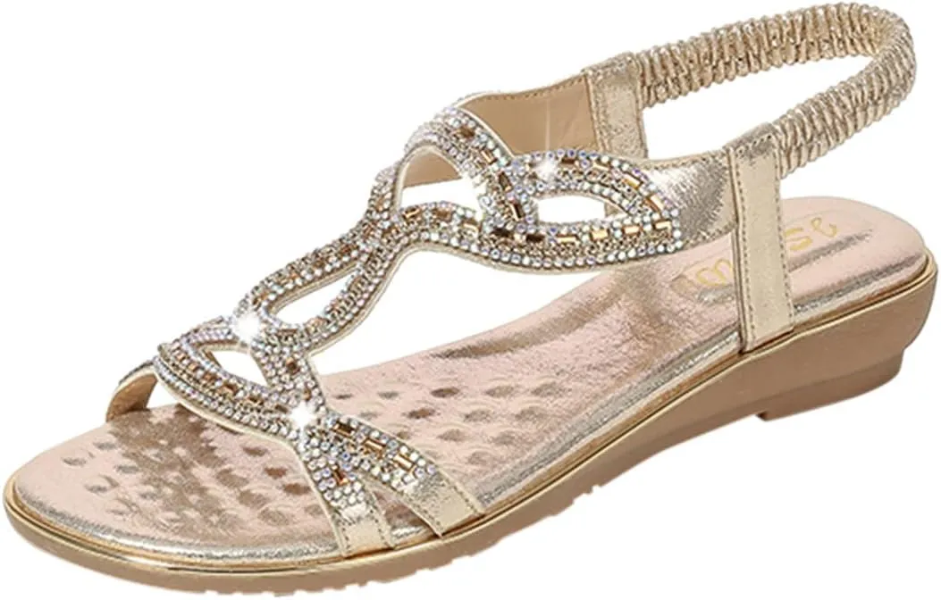 Eduavar Orthopedic Sandals for Women, Womens Sandals Comfortable Bohemia Crystal Open Toe Low Wedge Sandals Breathable Sandal