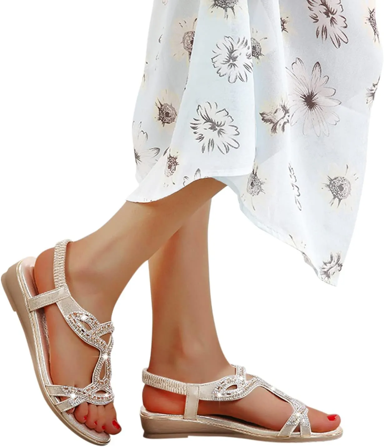 Eduavar Orthopedic Sandals for Women, Womens Sandals Comfortable Bohemia Crystal Open Toe Low Wedge Sandals Breathable Sandal