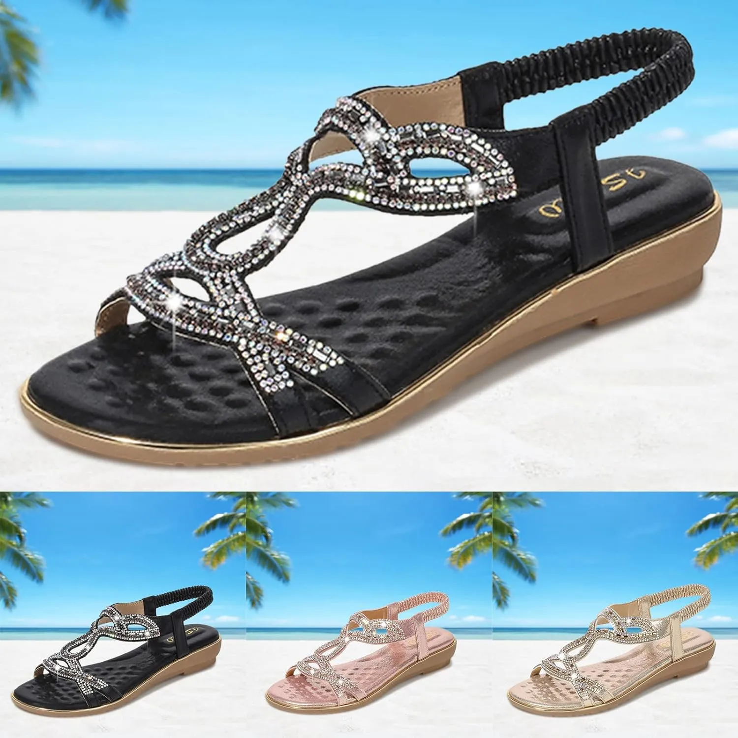 Eduavar Orthopedic Sandals for Women, Womens Sandals Comfortable Bohemia Crystal Open Toe Low Wedge Sandals Breathable Sandal