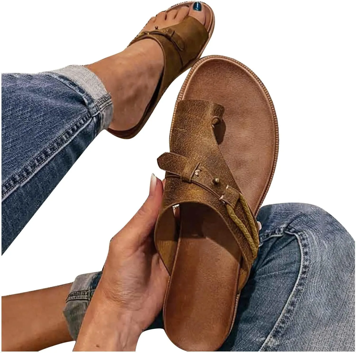 Eduavar Sandals for Women Casual Summer Orthopedic Correction Leather Ring Toe Sandals Solid/Leopard Print Flat Flip Flops