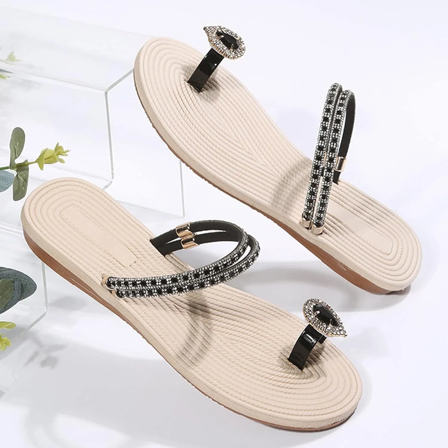 Eduavar Sandals for Women Dressy Summer, Orthopedic Sandals for Women Rhinestone Flat Sandals Comfortable Ring Toe Slippers