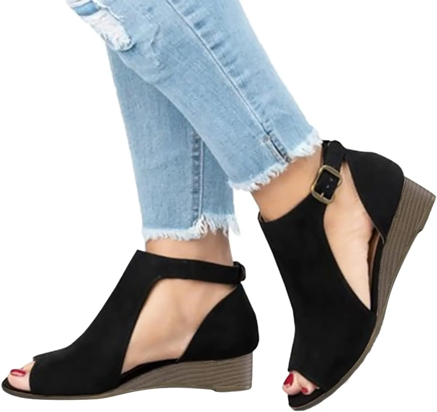 Eduavar Womens Wedge Sandals, Orthopedic Sandals for Women Cut Out Sandals Anti-Slip Ankle Strap Wedge Sandals