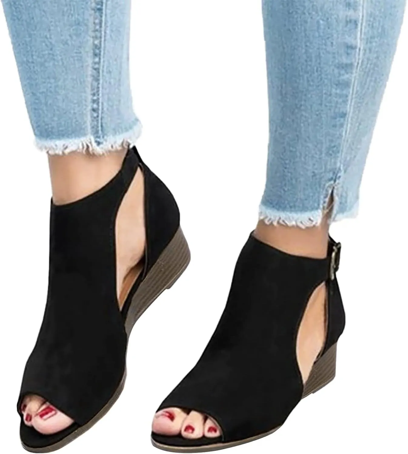Eduavar Womens Wedge Sandals, Orthopedic Sandals for Women Cut Out Sandals Anti-Slip Ankle Strap Wedge Sandals