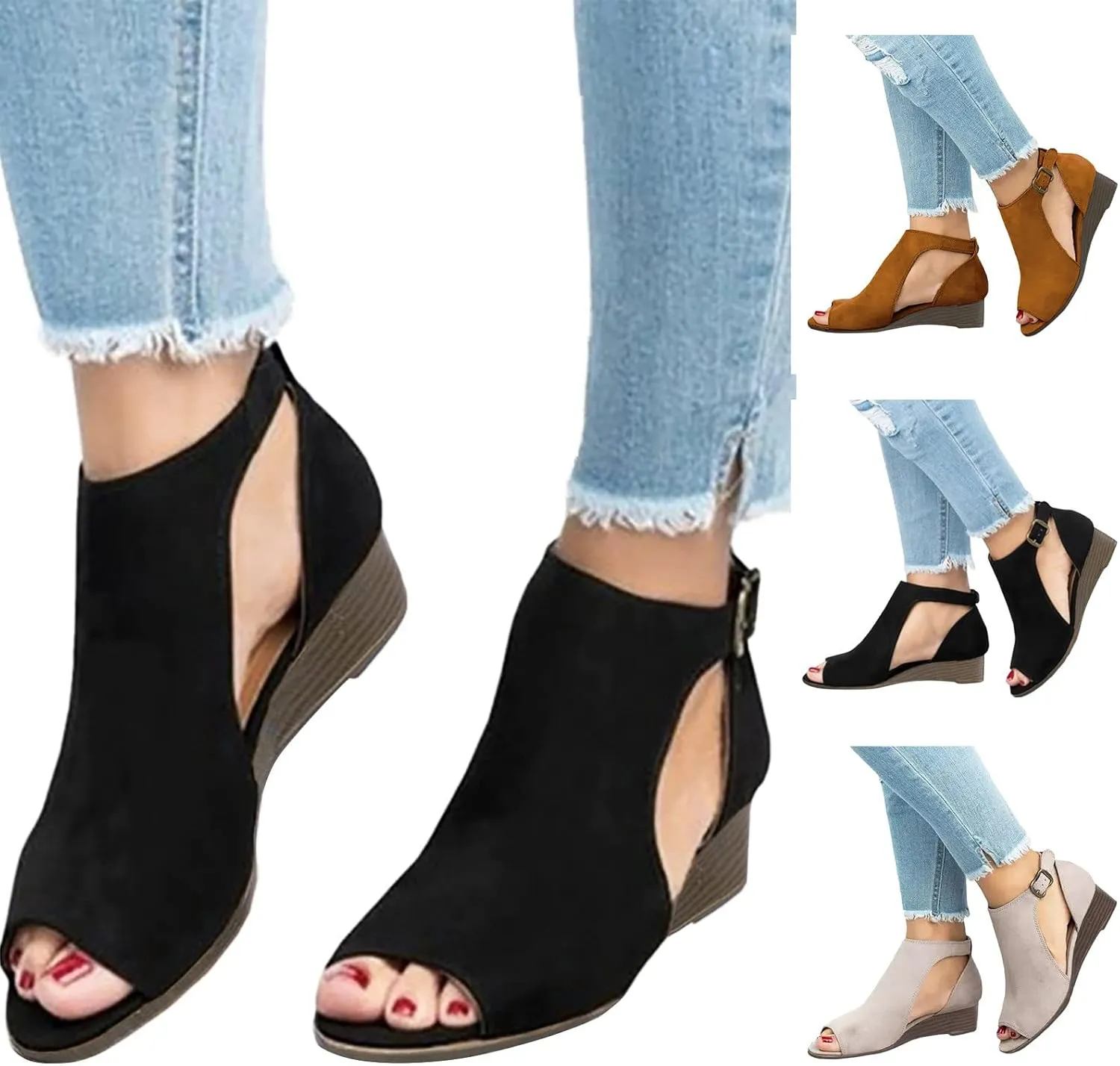 Eduavar Womens Wedge Sandals, Orthopedic Sandals for Women Cut Out Sandals Anti-Slip Ankle Strap Wedge Sandals