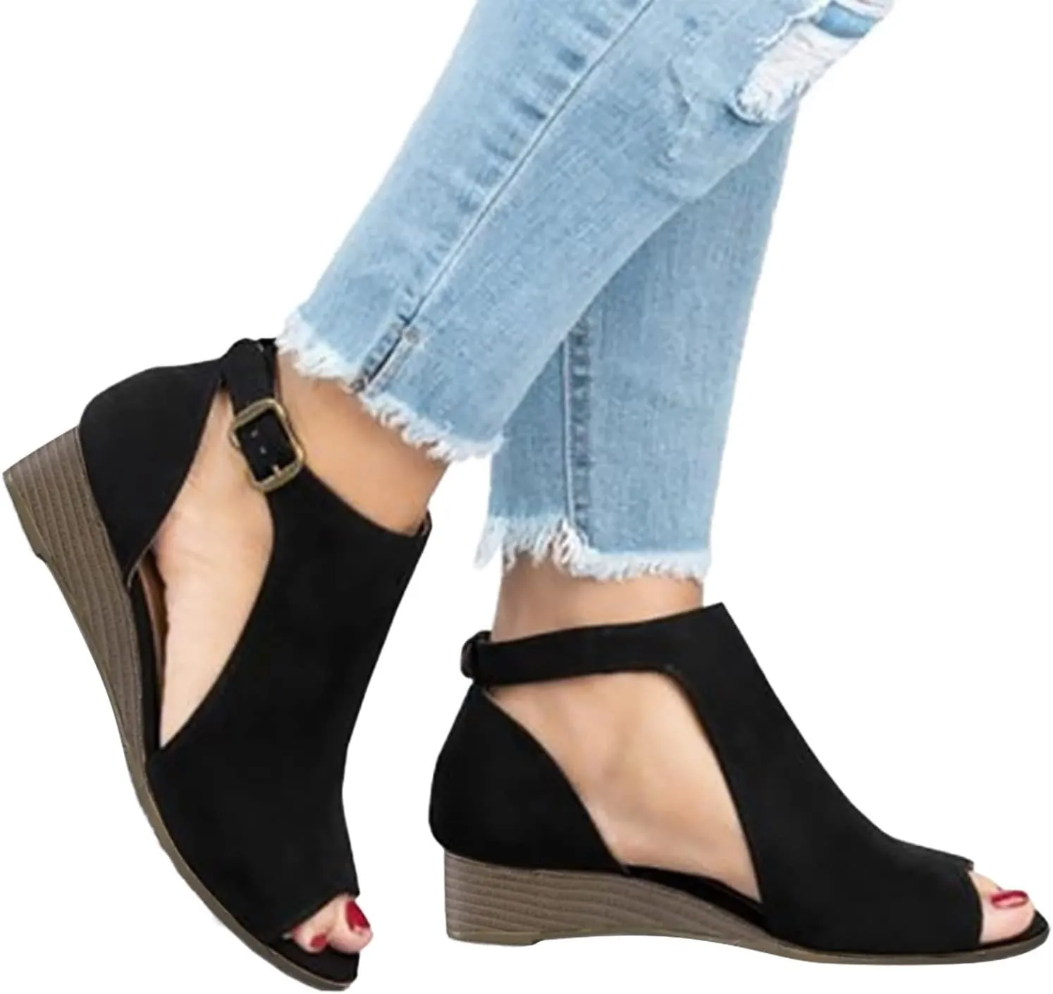 Eduavar Womens Wedge Sandals, Orthopedic Sandals for Women Cut Out Sandals Anti-Slip Ankle Strap Wedge Sandals