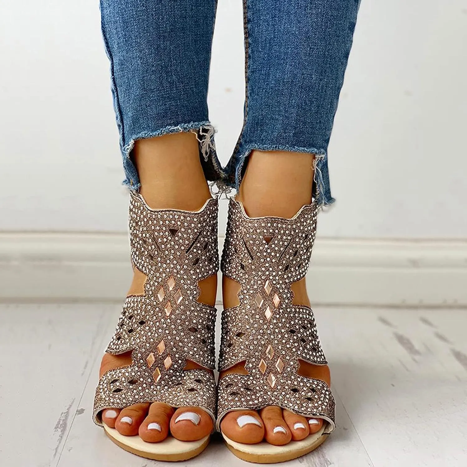 Eduavar Womens Wedge Sandals, Orthopedic Sandals for Women Low Wedge Sandals Cutout Zip Up Crystal Sandals Shoes