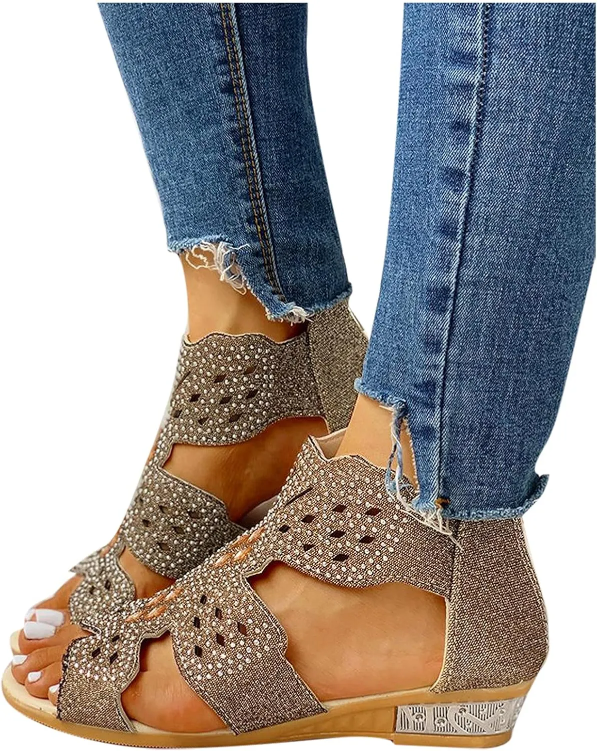 Eduavar Womens Wedge Sandals, Orthopedic Sandals for Women Low Wedge Sandals Cutout Zip Up Crystal Sandals Shoes