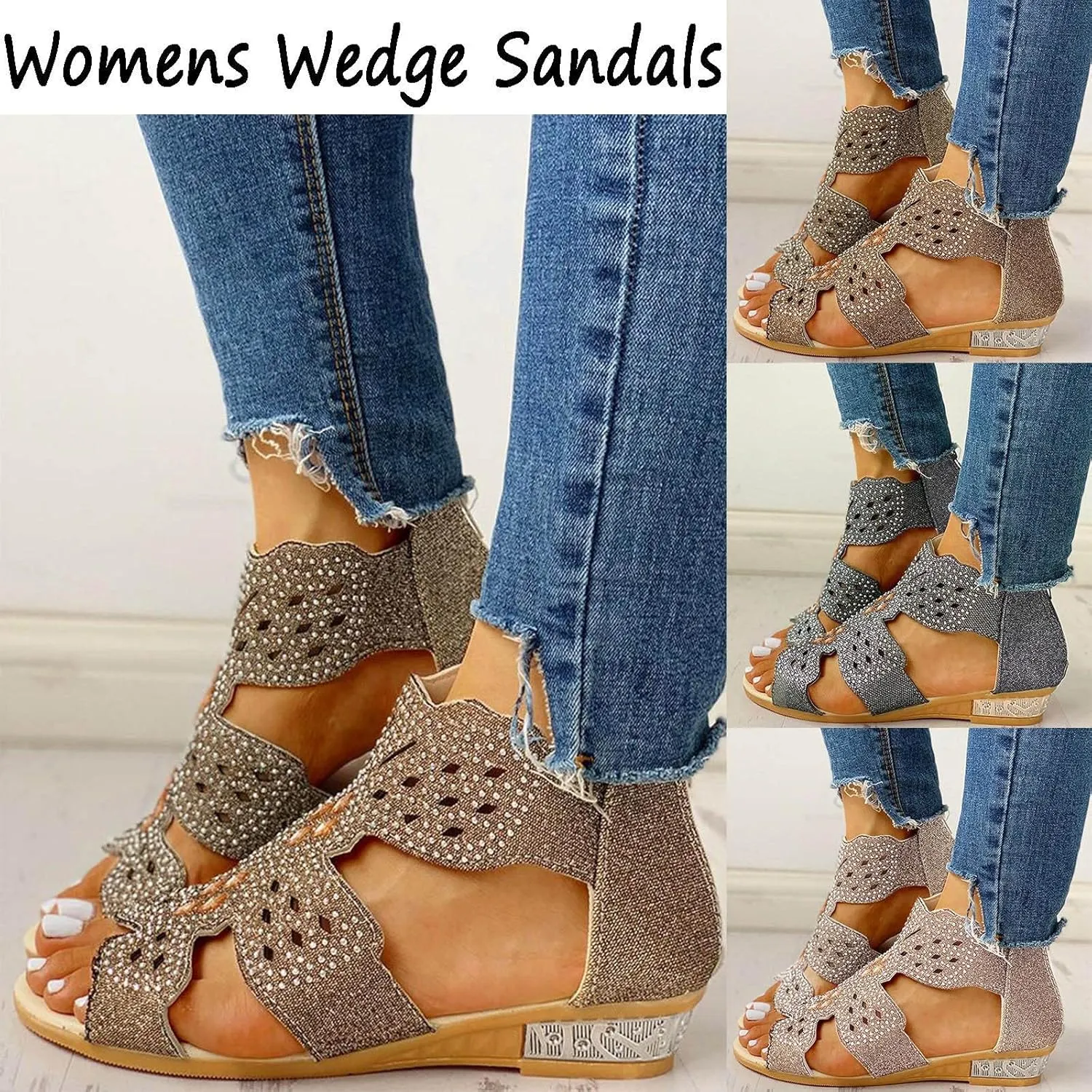 Eduavar Womens Wedge Sandals, Orthopedic Sandals for Women Low Wedge Sandals Cutout Zip Up Crystal Sandals Shoes
