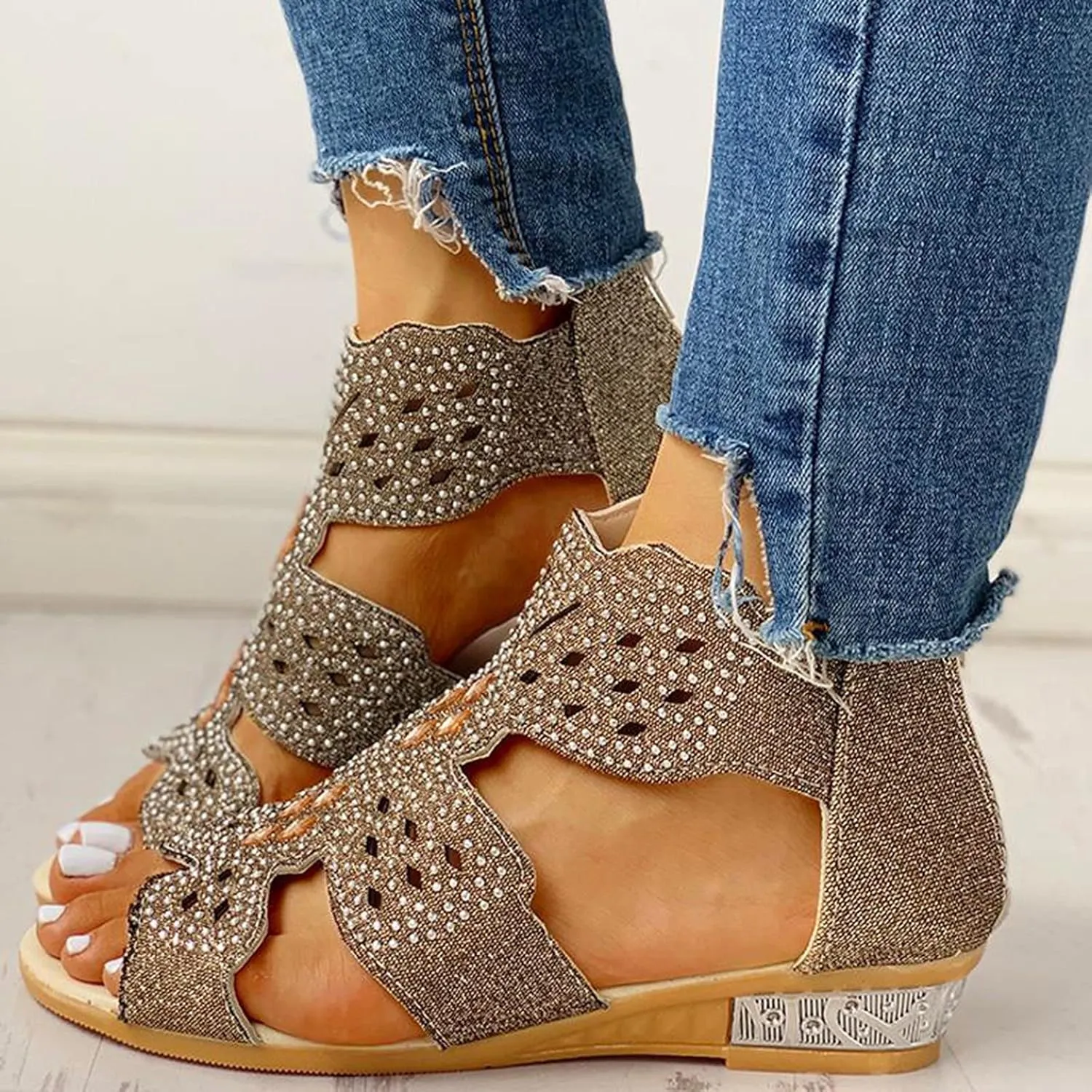 Eduavar Womens Wedge Sandals, Orthopedic Sandals for Women Low Wedge Sandals Cutout Zip Up Crystal Sandals Shoes