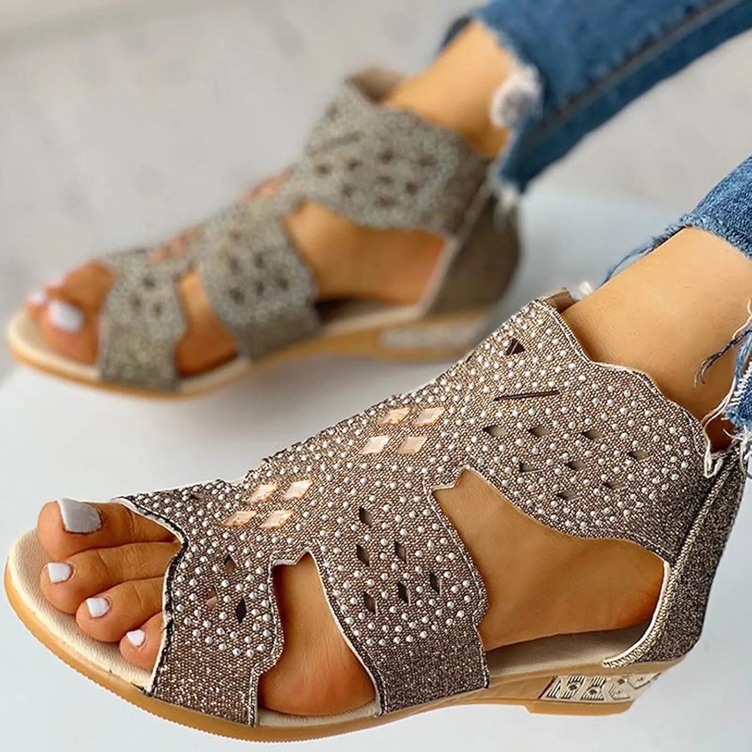 Eduavar Womens Wedge Sandals, Orthopedic Sandals for Women Low Wedge Sandals Cutout Zip Up Crystal Sandals Shoes
