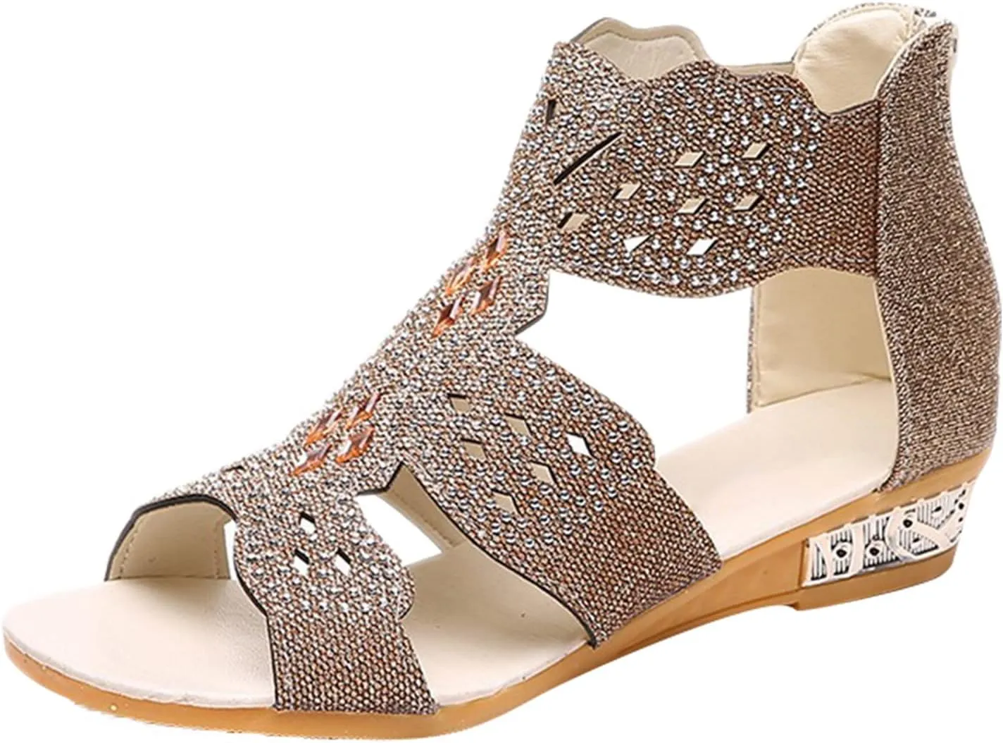 Eduavar Womens Wedge Sandals, Orthopedic Sandals for Women Low Wedge Sandals Cutout Zip Up Crystal Sandals Shoes