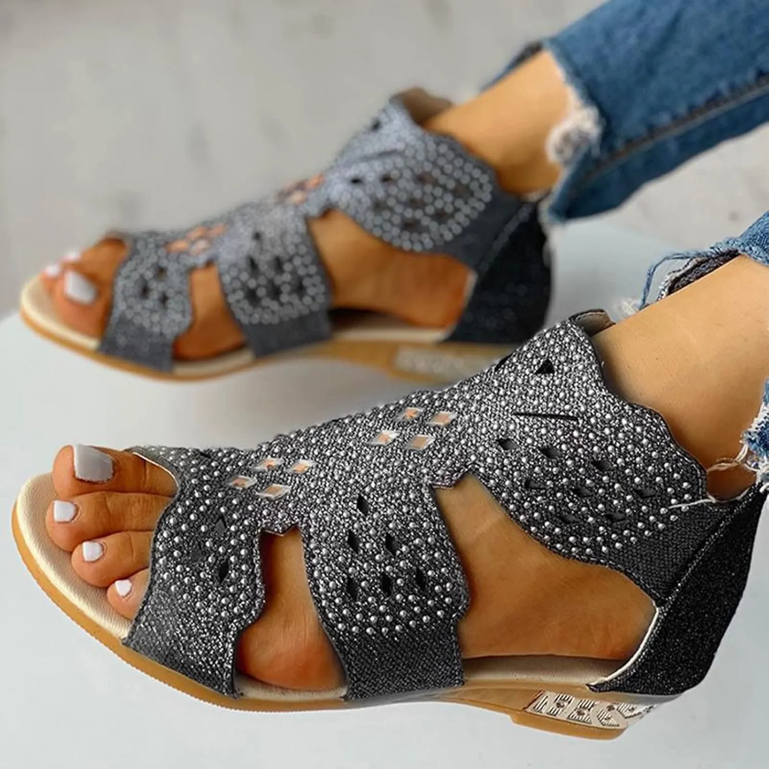 Eduavar Womens Wedge Sandals, Orthopedic Sandals for Women Low Wedge Sandals Cutout Zip Up Crystal Sandals Shoes