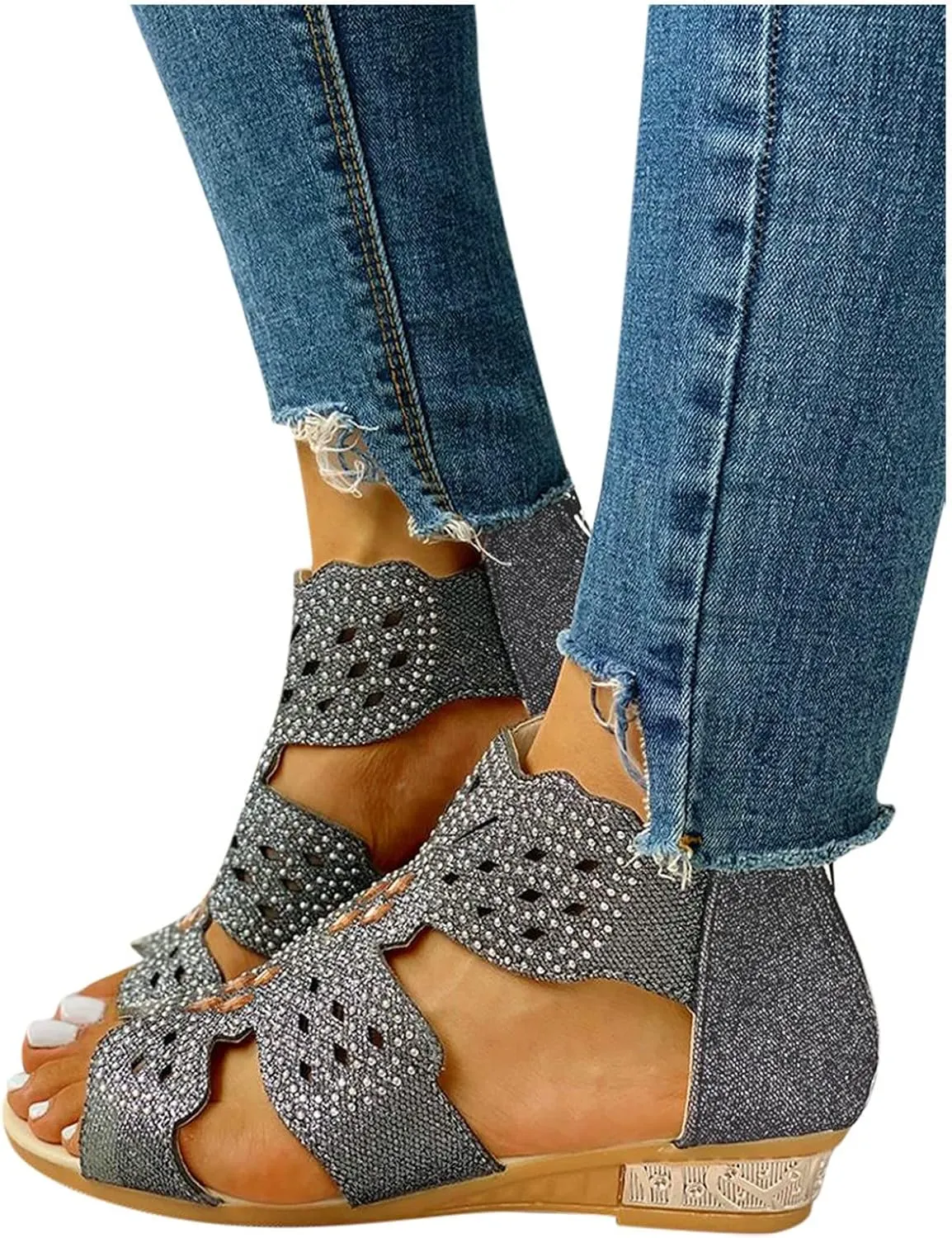 Eduavar Womens Wedge Sandals, Orthopedic Sandals for Women Low Wedge Sandals Cutout Zip Up Crystal Sandals Shoes